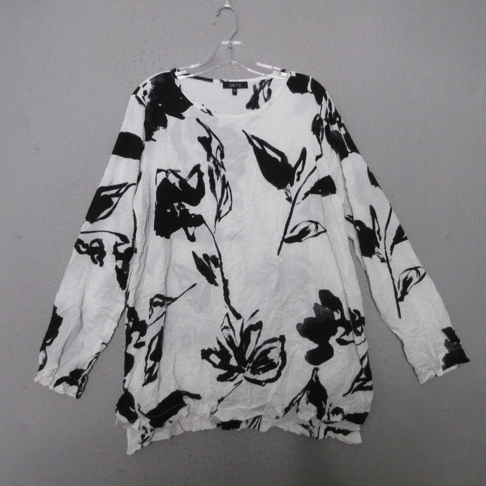 Comfy USA Top Large Black White Floral Crinkle Lagenlook Art to Wear Chic USA